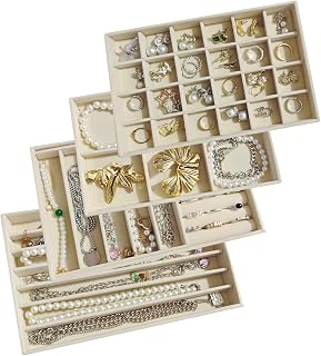Stackable Jewelry Trays Organizer for Drawer Set of 4 – Velvet Drawer Inserts Organizer Jewelry Organizers and Display Set for Earrings, Rings, Necklaces, Bracelets (Beige)