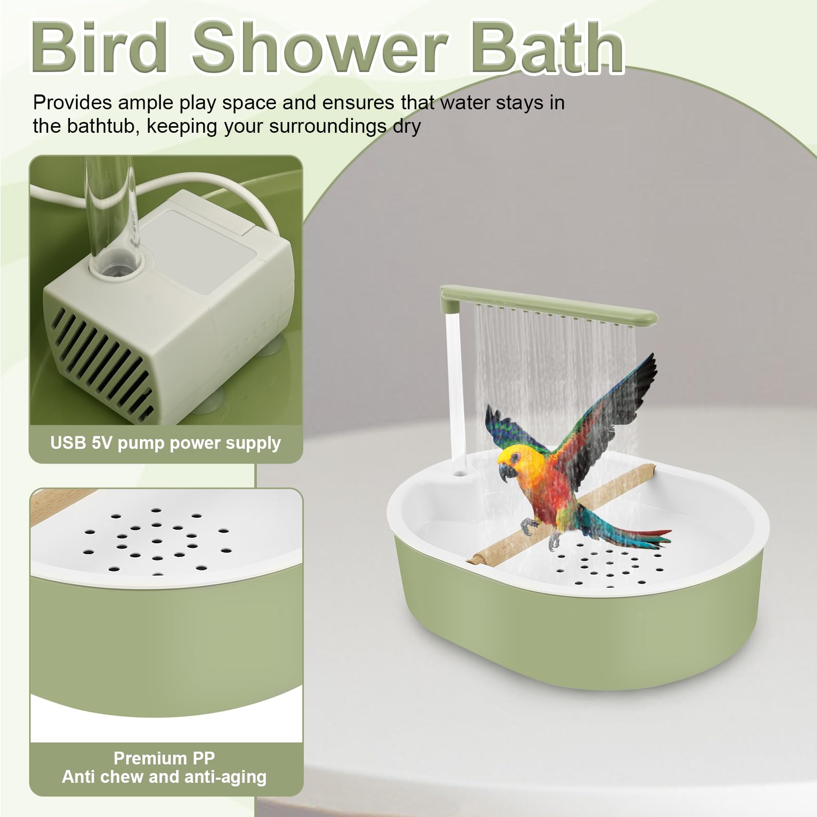 AzulLanse Vogelbad, douchebak, papegaai, automatische badkuip met douche, huisdiercirculatiewaterbad, USB-waterpomp, sproeihendel, 2 Molar Stone (grijs