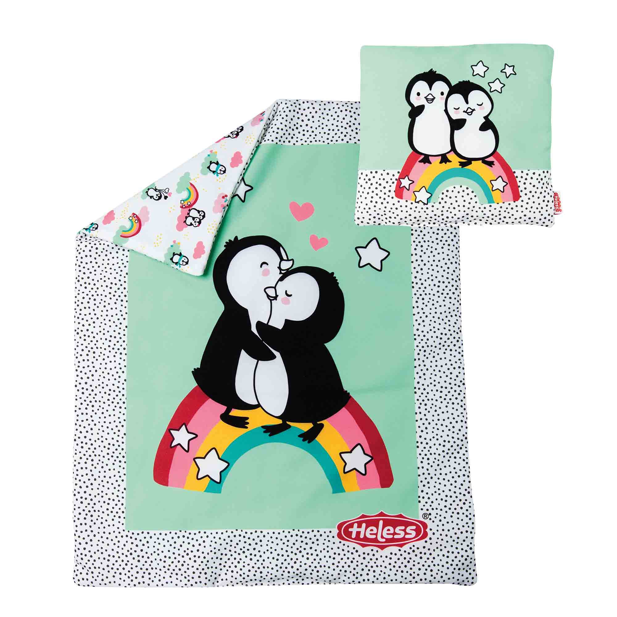 Heless 1000 – Piumone Reversibile per Bambole con Cuscino a Pois Pinguino, per Dolci Sogni delle Bambole