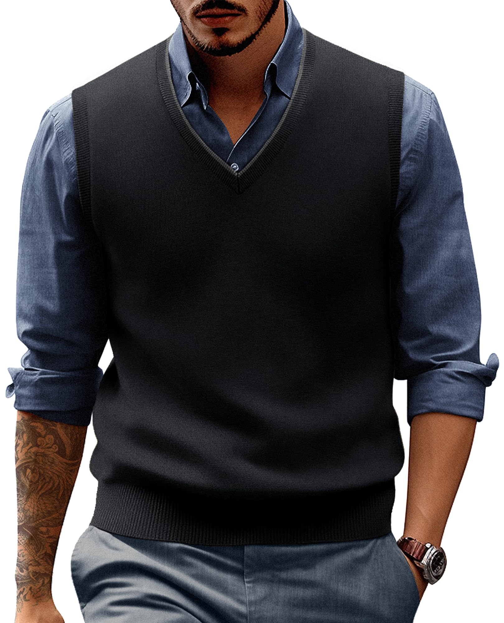 Mens Sweater Vest Wool Blended Knitted Vest Sweaters V-Neck Sleeveless Pullover Vests, Black, X-Large-image-10
