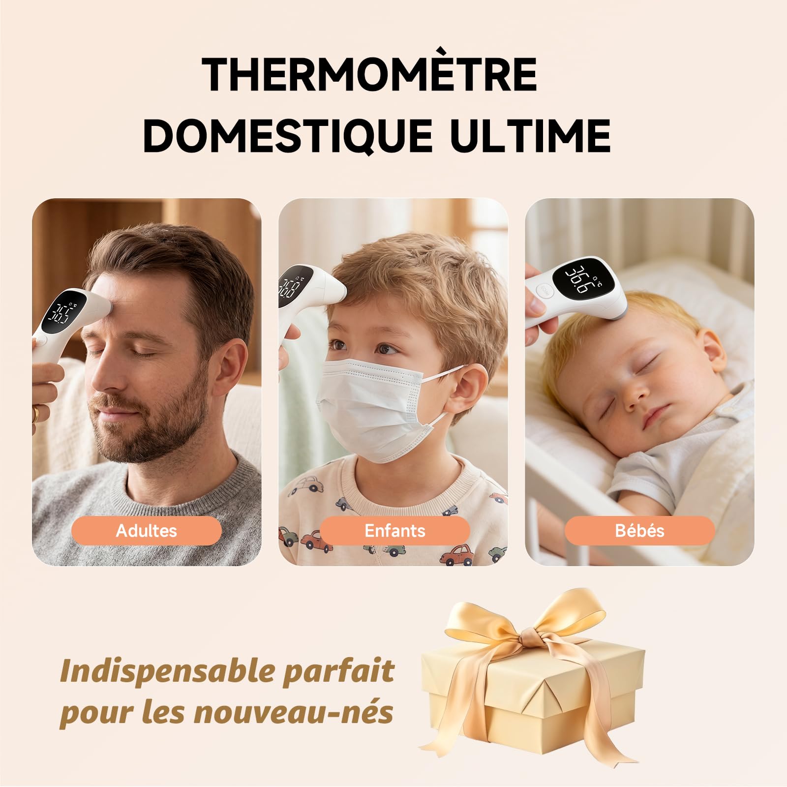 Motif unique dessiné à la main | Thermomètre numérique sans contact et auriculaire – Convient aux adultes et aux bébés, avec fonction mémoire (Teddy)