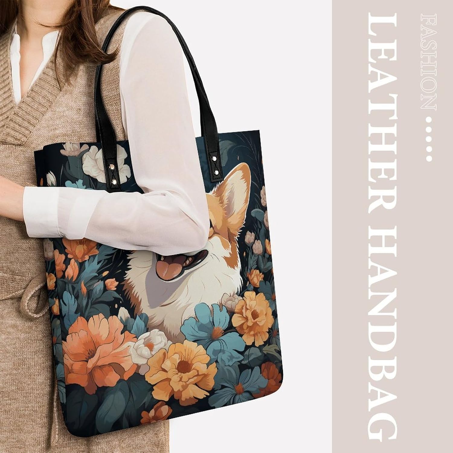 Corgi Pattern Tote Bag with Magnetic Buckle Reusable Grocery Bags Lightweight Cross Body Handbag for Daily Essentials