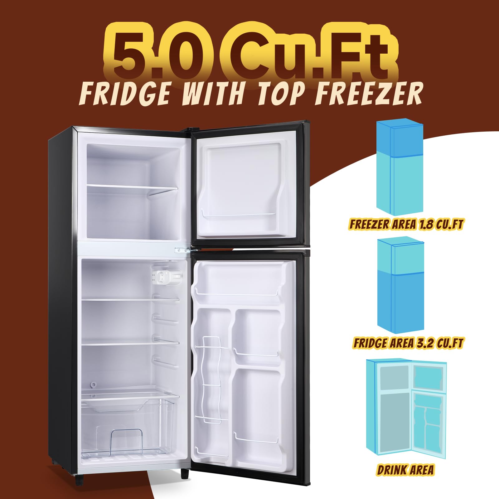 Tacool 5.0 Cu.Ft Small Refrigerator With Freezer Double Door Mini Fridge Top Freezer Adjustable Temperature For Dorm Office Apartment Black on Fridge.com - View 2