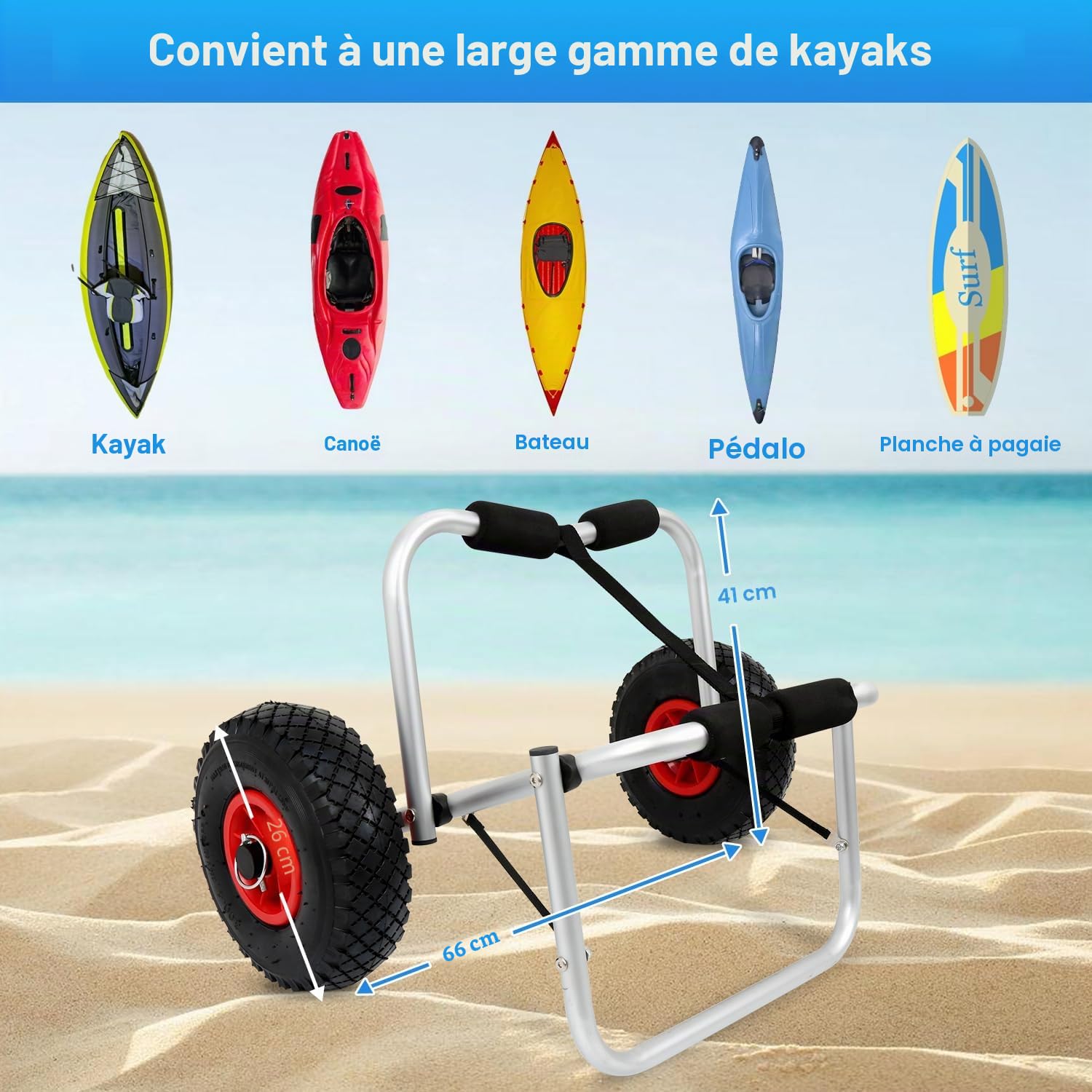 Chariot de kayak en aluminium, pliable jusqu'à 80 kg, chariot de transport pour bateaux, canoë ou kayak, chariot de bateau avec sangles de tension, chariot de kayak portable, remorque de