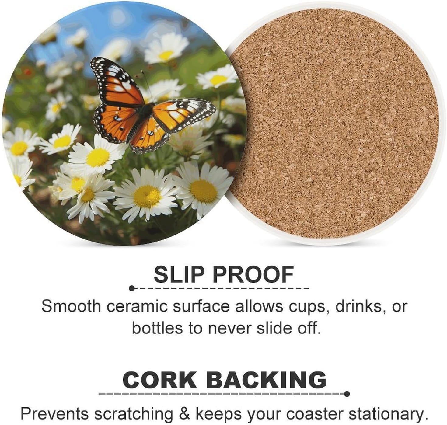 Butterfly on Daisy Flower Coasters for Drinks Absorbing Round Ceramic Stone Coaster with Cork Base Coffee Cup Beverage Table Cup Mat Modern Style Bar Coaster Set for Home Decor