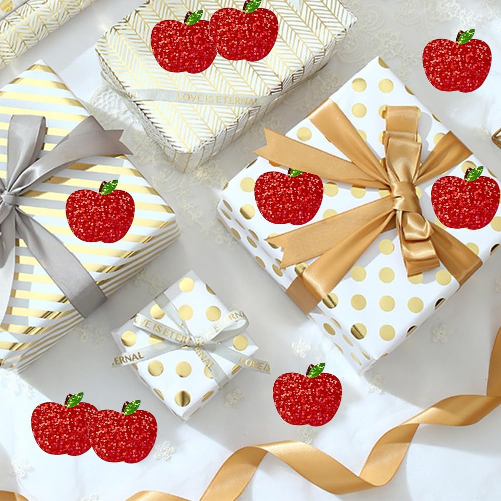 500Pcs Back to School Apple Stickers Roll 1in Laser Waterproof Decals Red Apple Self-Adhesive Sparkly Fruit Stickers for First Day of School Party Supplies Envelope Scrapbook Decorations image 2