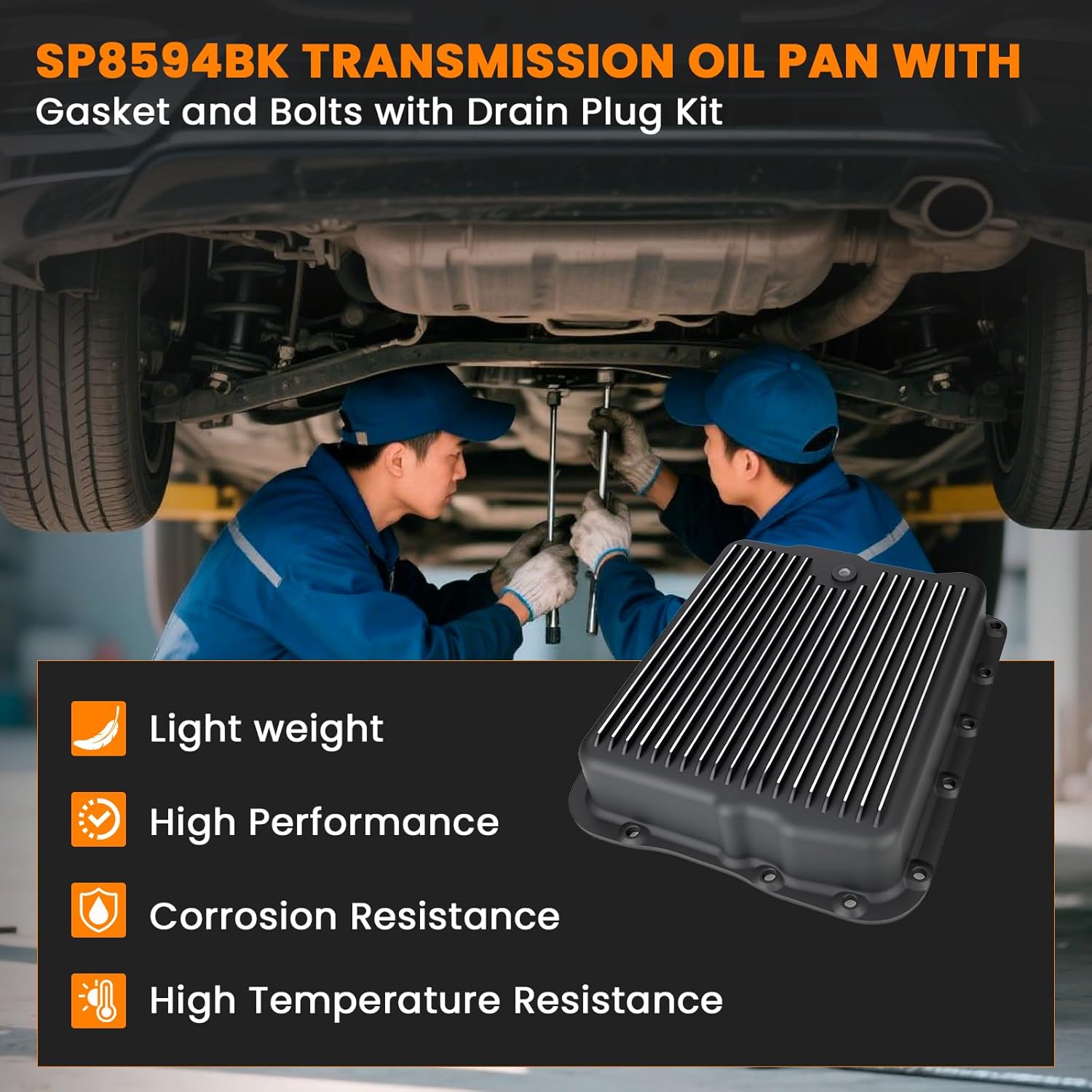 Transmission Oil Pan with Drain Plug Gasket & Bolts Compatible with GM 700R4 4L60 4L60E, Pan Depth 2-5/8" Replaces SP8594BK