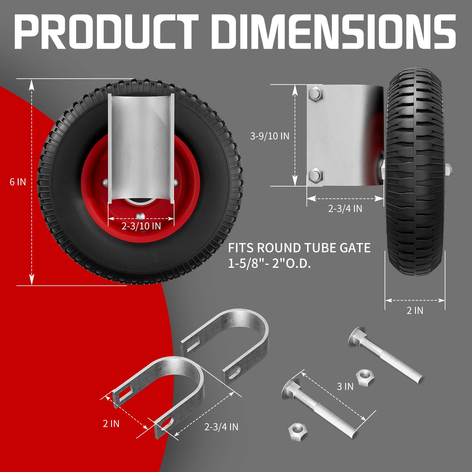 6 Inch Gate Wheel – Caster for 1-5/8" to 2-1/2" Round Tube Gates, 250 lb Capacity, Includes Screws & Wrenches (1 Pack)