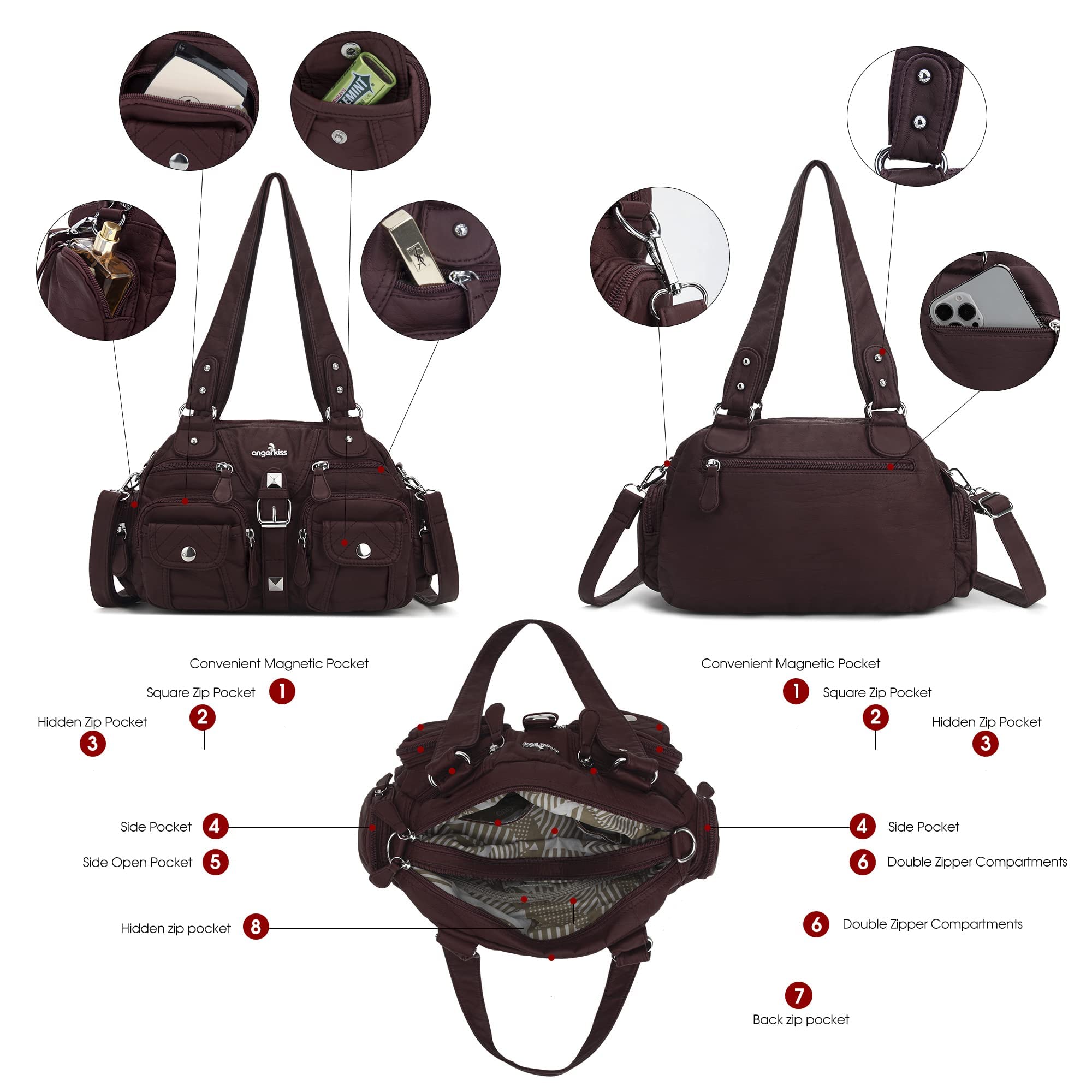Angel Kiss Hobo - Borsa a tracolla da donna, multitasche, morbida, con tracolla rimovibile, in pelle