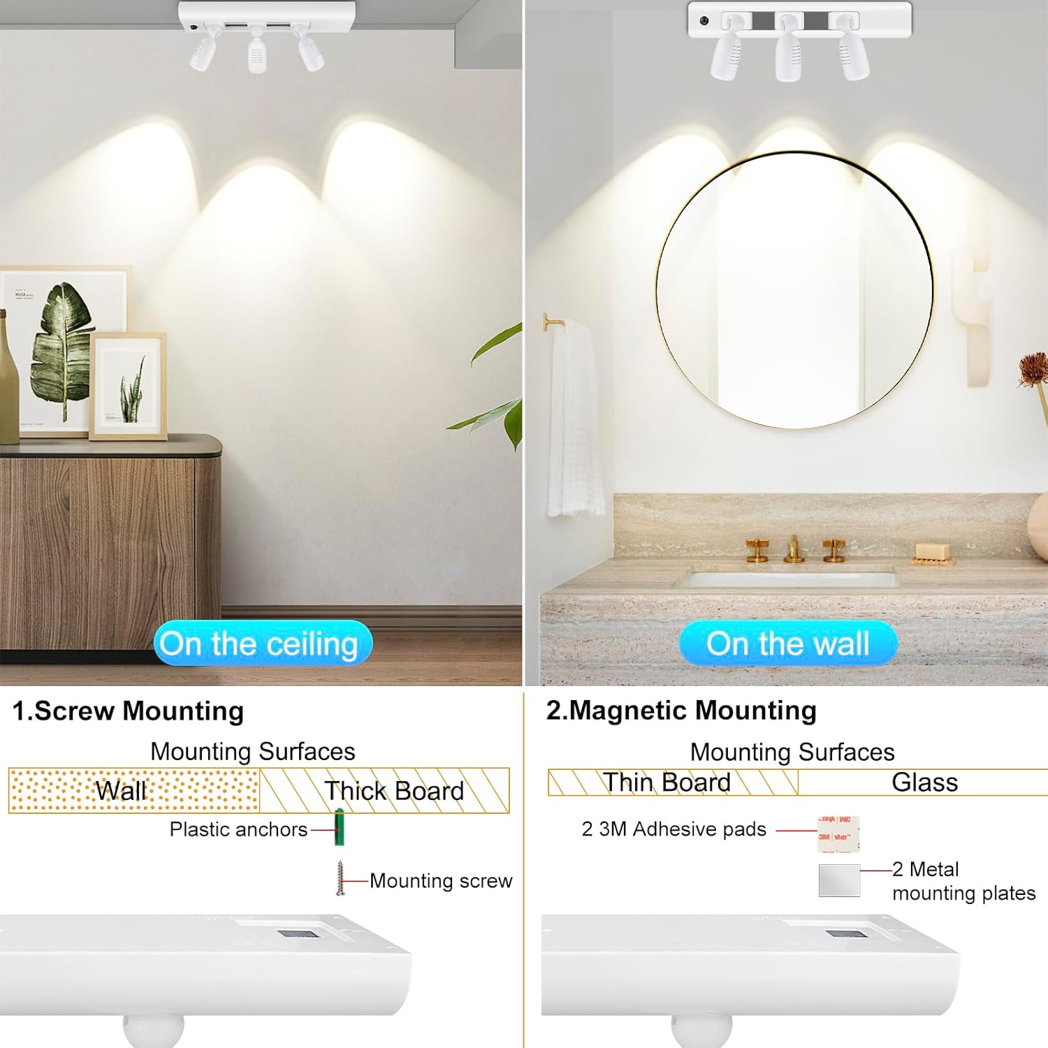 Track Lighting, LED Track Light Fixtures with 3 Rotatable Lights Heads, LED Ceiling Spotlights Counter Lighting with Remote Control for Kitchen Under Cabinet Picture Display Accent Lighting