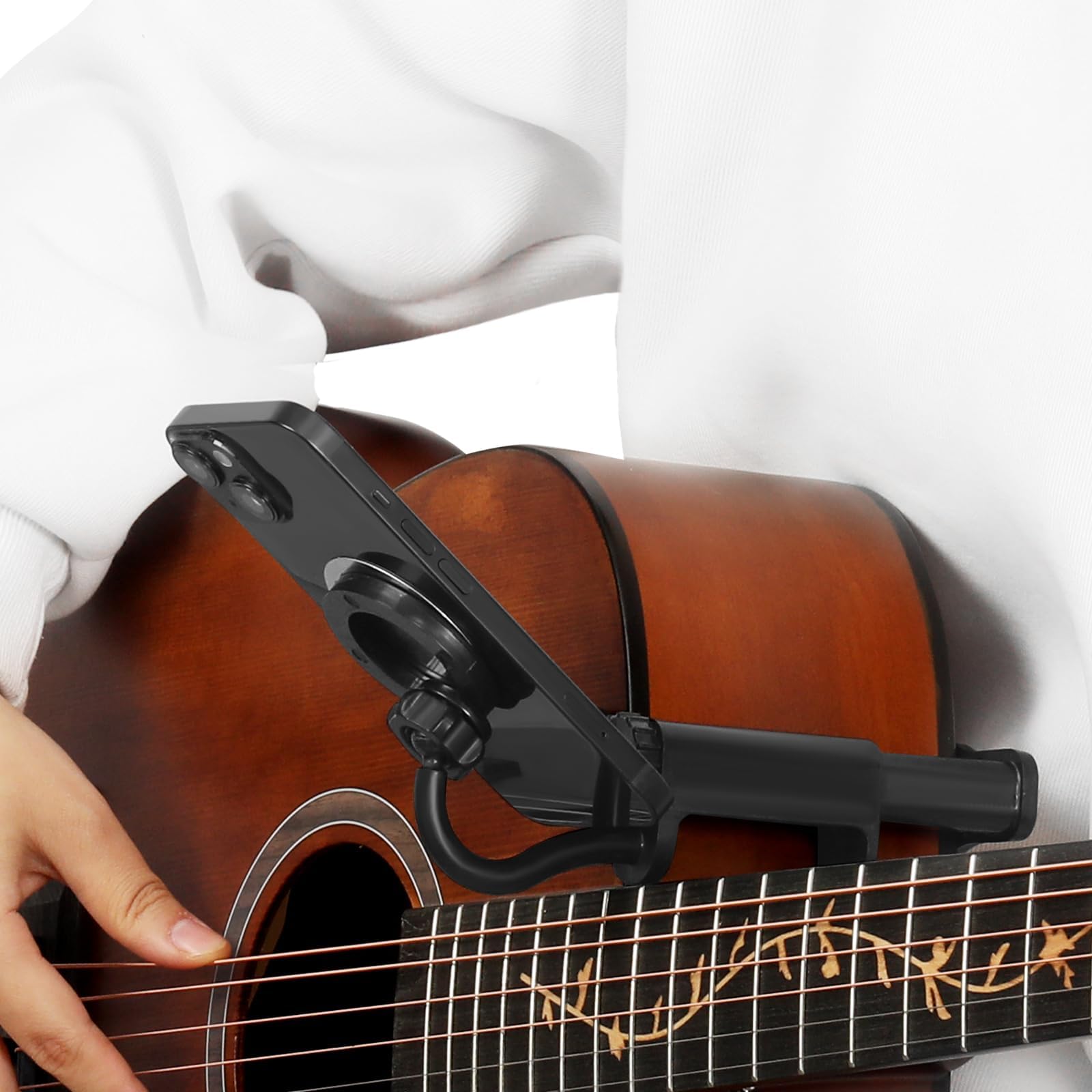 Pudier Magnetic Guitar Phone Holder, Adjustable Guitar Mount for 6-8.8cm Thick Guitars/Ukulele,Guitar Sheet Music Holder, Ideal for Digital Sheet Music?with Guitar String Cleaner