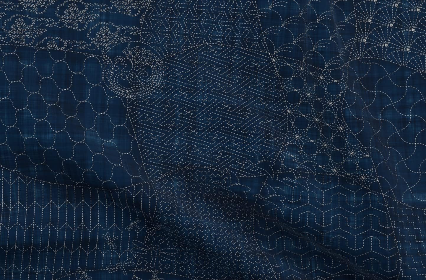 Spoonflower Fabric - Collection Sashiko Japanese Traditional Quilt Origami Dark Blue Indigo Printed on Upholstery Velvet Fabric Fat Quarter - Upholstery Home Decor Bottomweight Apparel