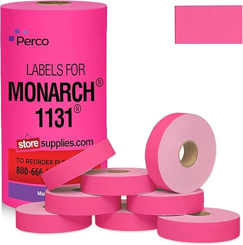 Perco Etiquetas de precio rosa fluorescente para pistola de precios Monarch 1131, 1 manga, 8 rollos, 20,000 etiquetas de marcado de precio, con