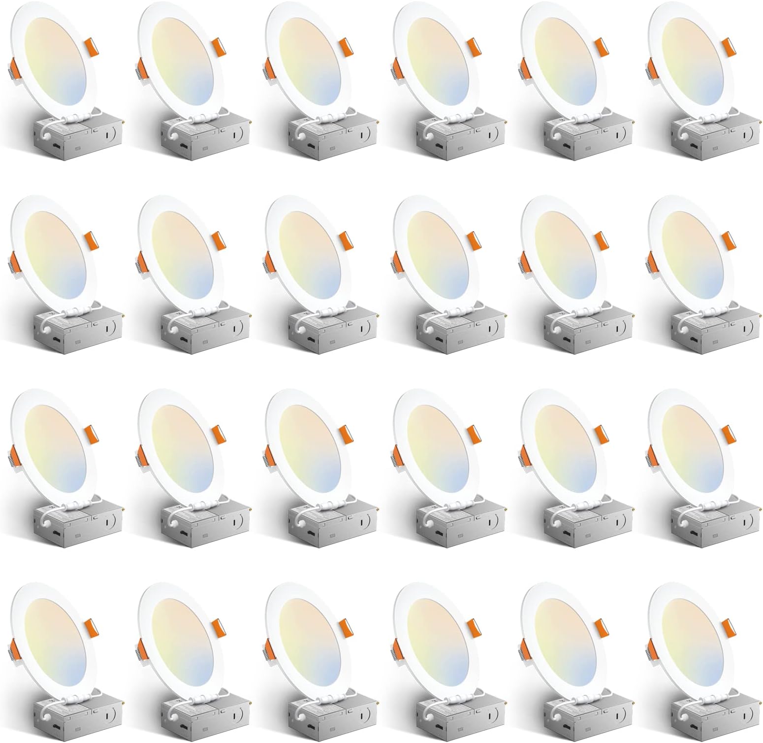 Amico 24 Pack 6 Inch 5CCT Ultra-Thin LED Recessed Ceiling Light with Junction Box, 1050LM Brightness, Dimmable Canless Wafer Downlight, 12W, ETL&FCC
