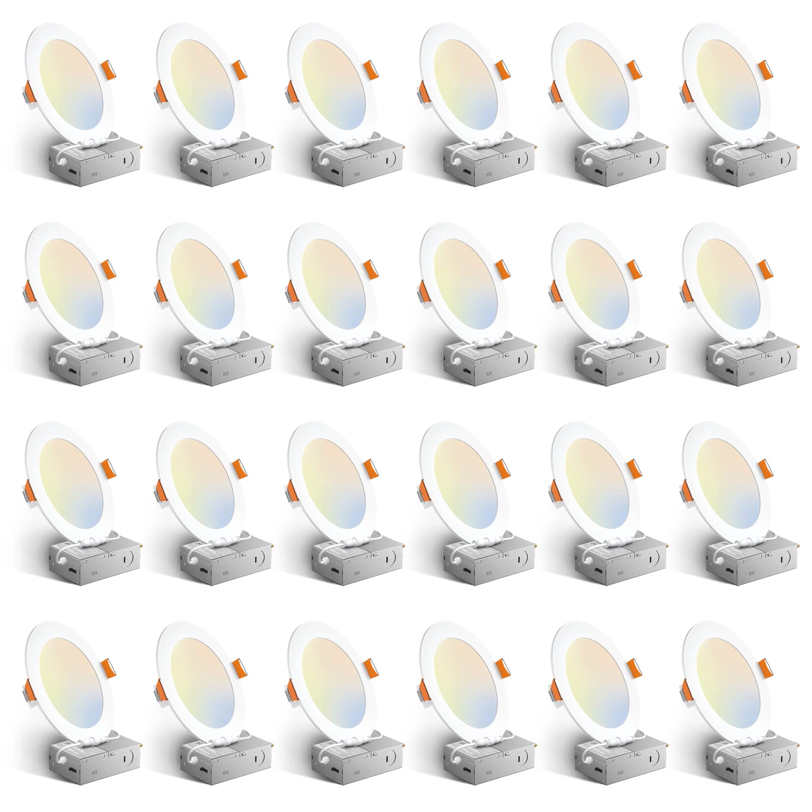 Amico 24 Pack 6 Inch 5CCT Ultra-Thin LED Recessed Ceiling Light with Junction Box, 1050LM Brightness, Dimmable Canless Wafer Downlight, 12W, ETL&FCCAmico 24 Pack 6 Inch 5CCT Ultra-Thin LED Recessed…