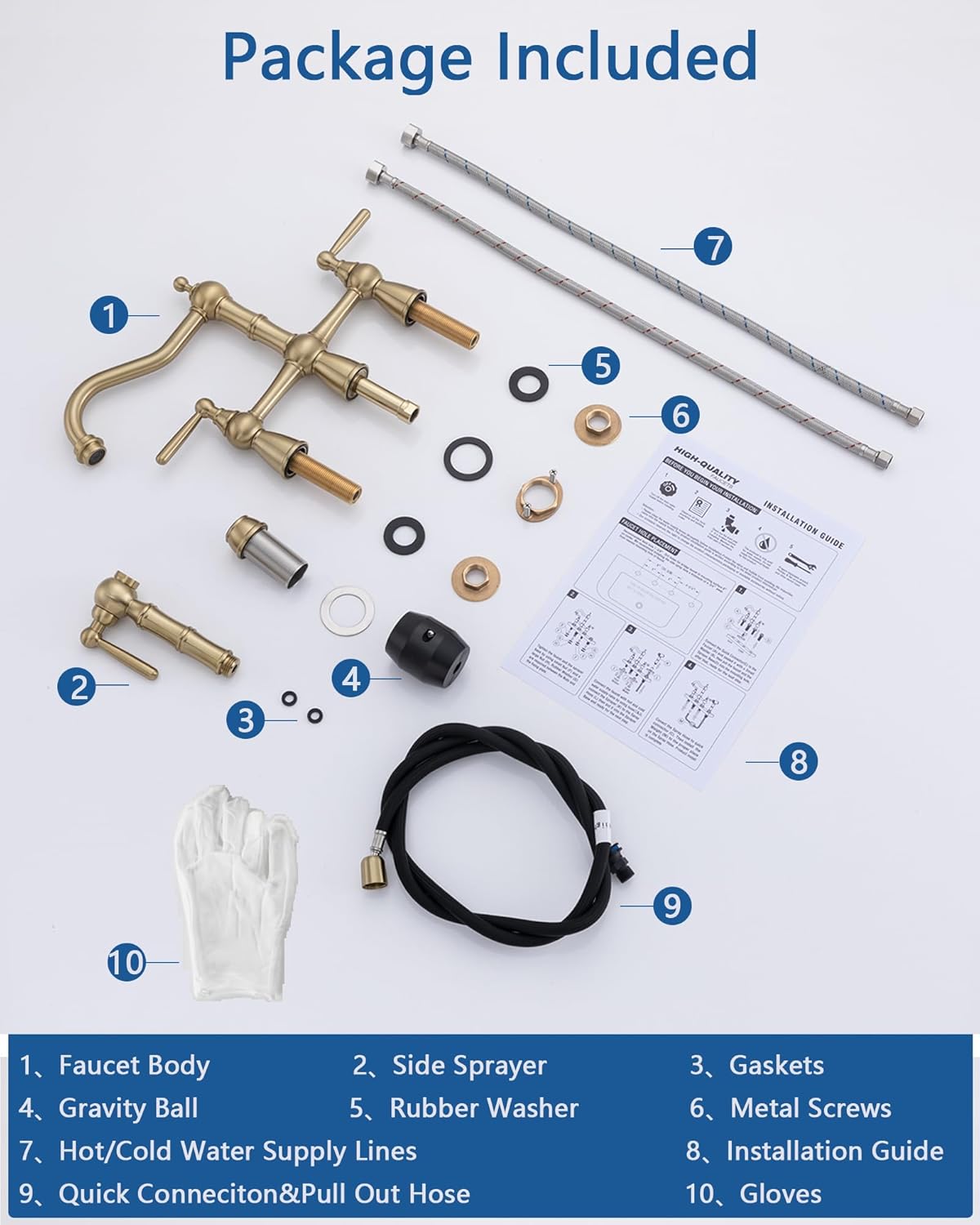 Avola Solid Brass Bridge Kitchen Faucet with Pull Down Sprayer,2 Handles 4 Holes Antique Classic Heritage Kitchen Sink Faucets with Side Sprayer,Brushed Gold Vintage Kitchen Faucets