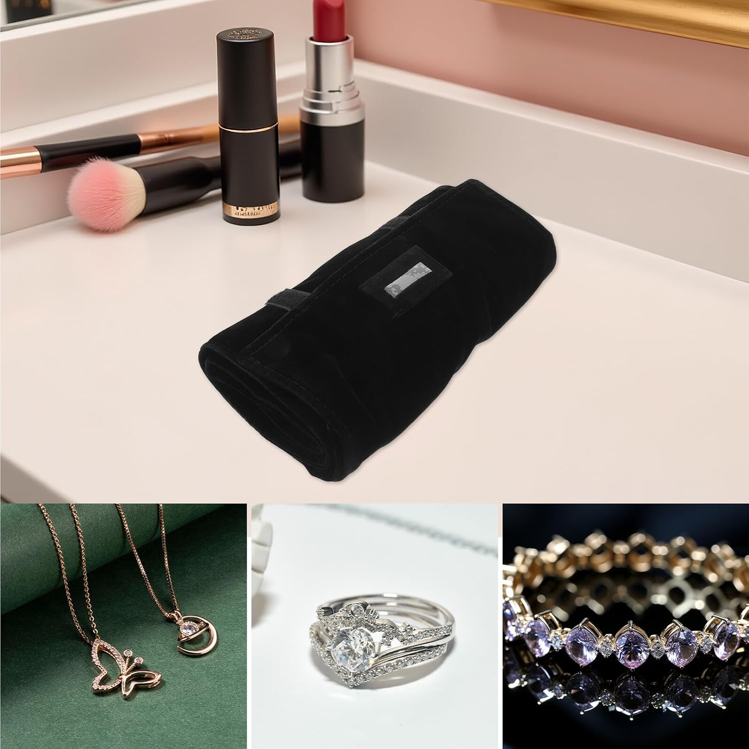 Velvet Jewelry Roll Organizer Travel Pouch for Necklaces Rings Earrings Watches Portable Jewelry Storage Bag for Women Traveling