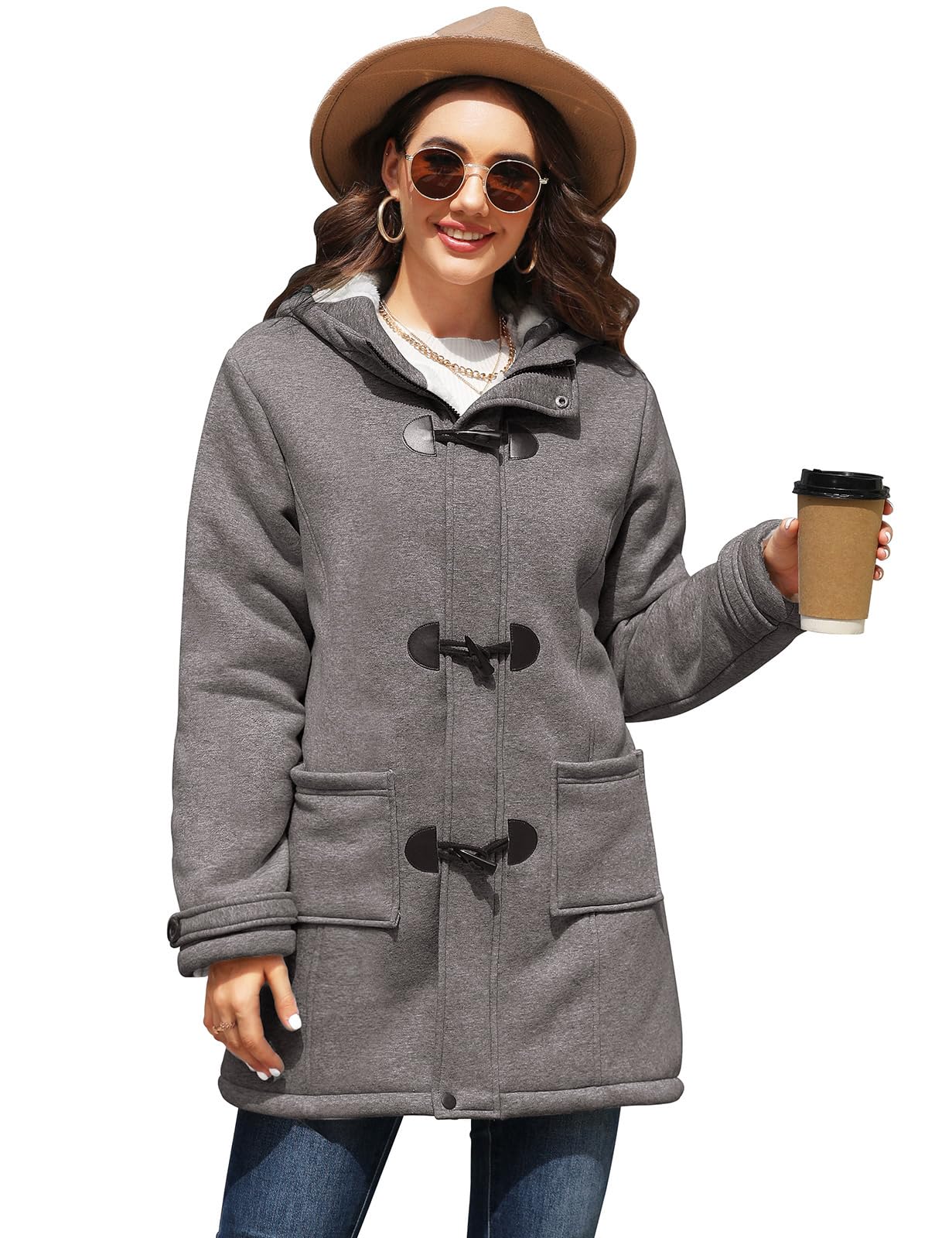 Vancavoo Largo Sudadera con Capucha para Mujer Abrigos con Botones Chaqueta de Lana Alpaca Slim Color sólido Casual Sudaderas con Cremallera Outwear Hoodie de Otoño Invierno