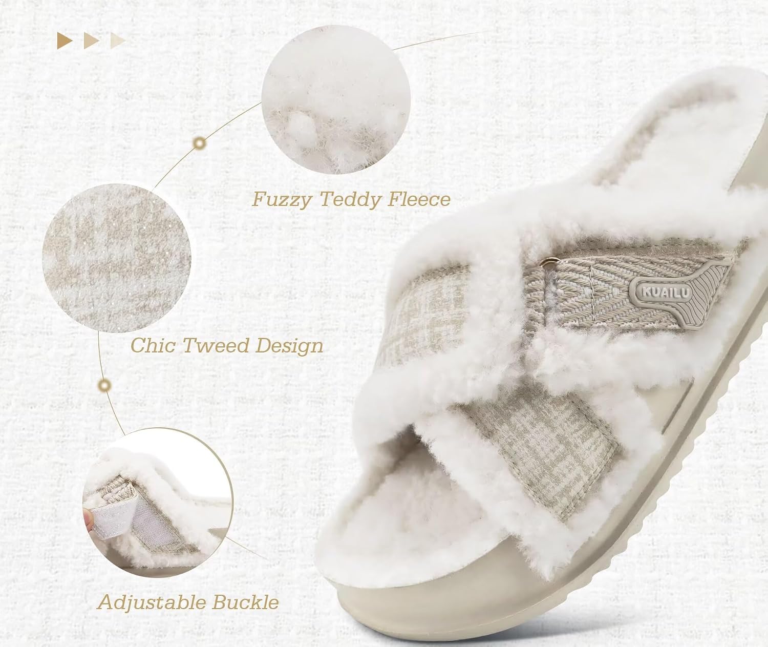 KuaiLu Women's Fuzzy Cross Band Platform Slippers Furry Faux Fur Comfortable Arch Support Open Toe Slides for Indoor Outdoor