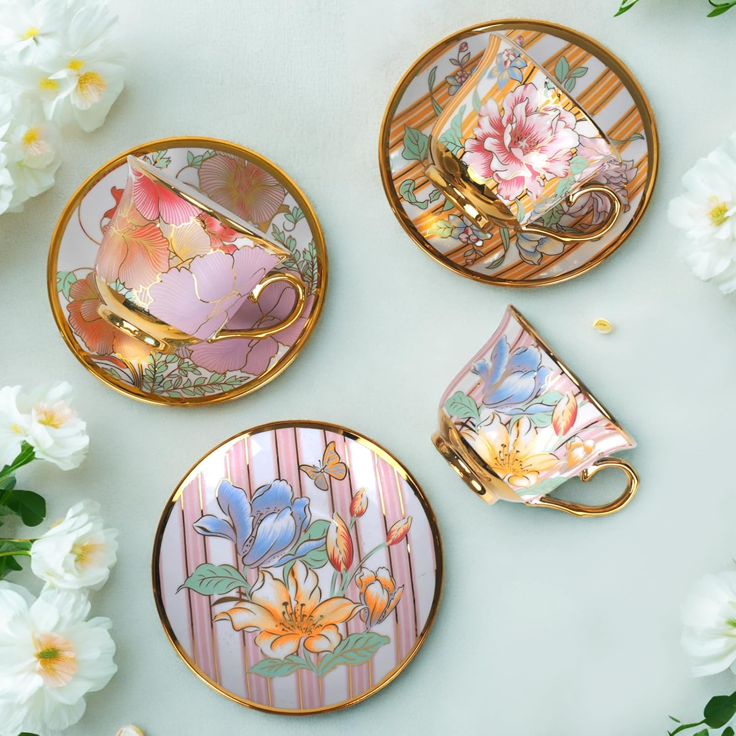 Tea Cups and Saucers Set of 6, 8 OZ Ceramic Tea Cups with Saucers Vintage Floral Tea Cup Set for Cappuccino, Macchiato, Afternoon Tea Birthday Party Supply Thanksgiving Day Halloween gifts - Image 5