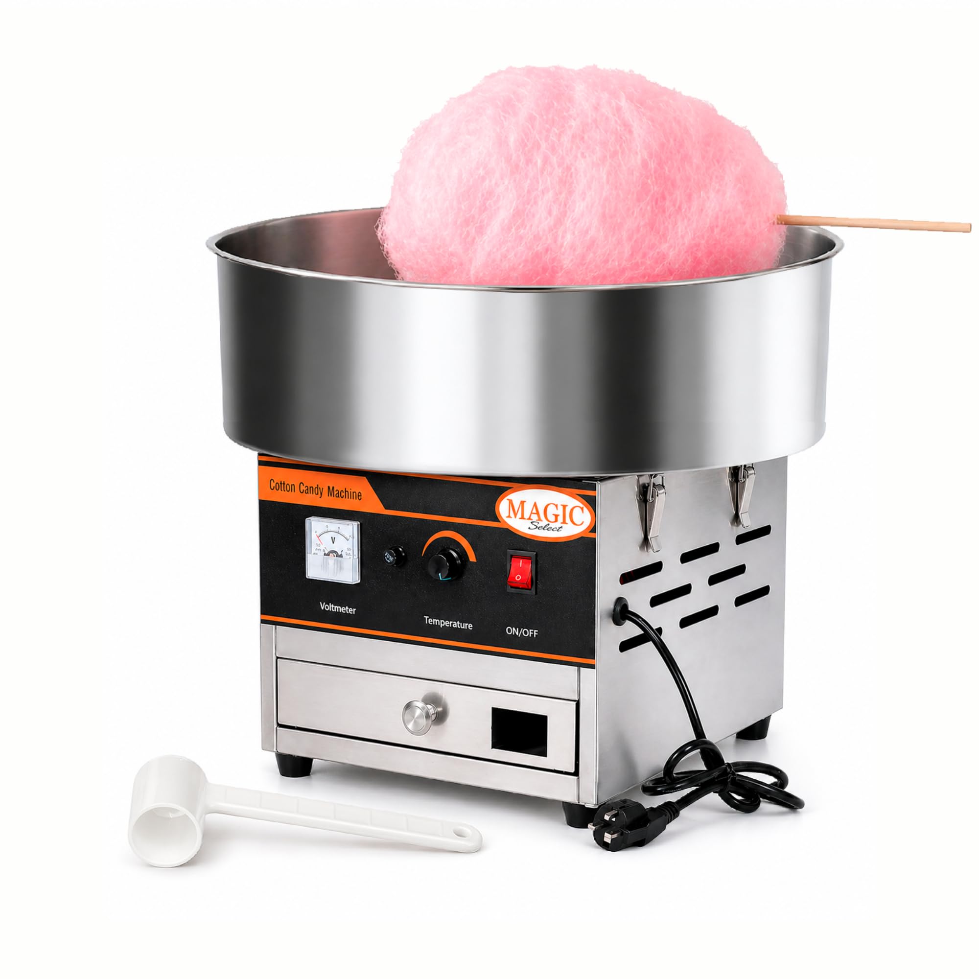 Máquina de Algodón de Azúcar Profesional 900W, Acero Inoxidable con Control de Temperatura, Calentamiento Rápido 2-3 Min, Incluye Paleta Dosificadora, para Eventos y Ferias. (52x52x43 cm)