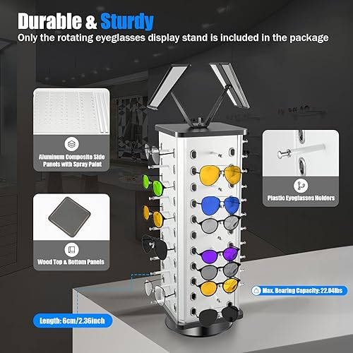 Miniatura 10 de 44 pares de soportes redondos para gafas, exhibición giratoria de 360 lentes de sol, organizador independiente con espejos ajustables y soporte de