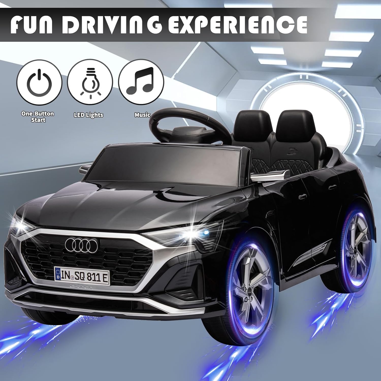 Licensed Audi 12V Children's Electric Ride-On Car, Battery-Powered Electric Toy Car, Suitable for Boys and Girls Aged 3+, with LED Headlights, 2.4GHz Remote Control (Black)