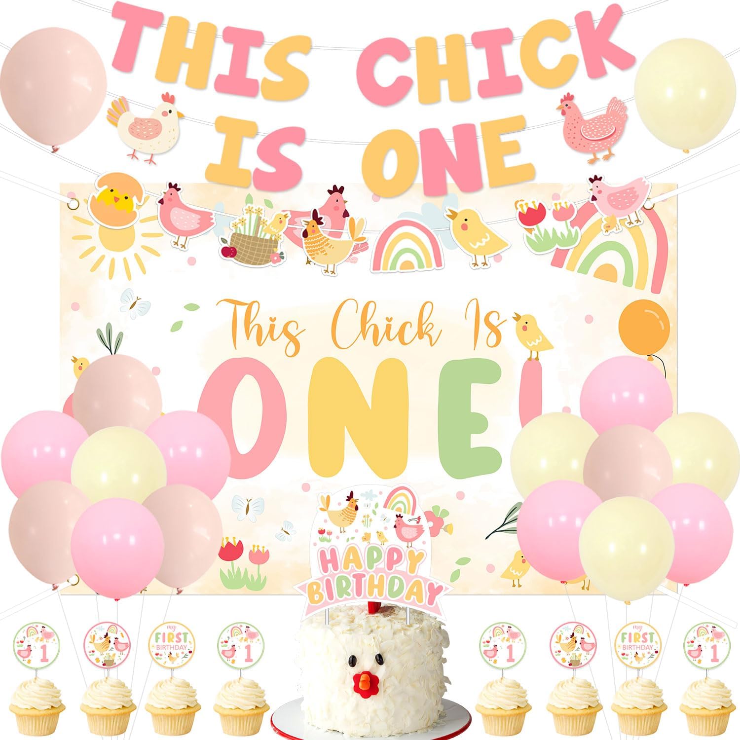 Chicken Themed 1st Birthday Decorations This Chick Is One Backdrop Farm Animals Banners Cute Chick Cupcake Cake Toppers Pink Orange Yellow Latex Balloons for Boys & Girls 1st Birthday Party Supplies