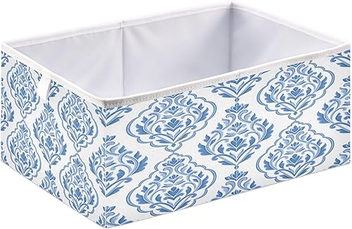Miniatura 2 de Kigai Contenedores de almacenamiento con diseño de damasco azul y blanco, 11 x 11 x 11 pulgadas, cesta de almacenamiento plegable grande de tela,