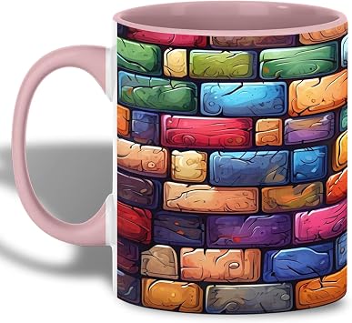 Colorful Brick Wall Coffee Mug, Cartoon Block Pattern Mug for Home and Office, Gift for Art Fans and Designers, Abstract Urban Illustration, Multicolor Modern Ceramic Drinkware Cup for Daily Use