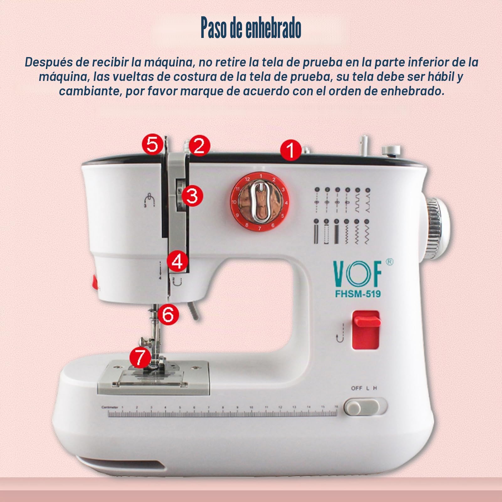 Máquina de coser FLSM-519, máquina de coser eléctrica para principiantes y niños, 12 puntadas, brazo libre, luz de costura y pedal eléctrico, enchufe UE