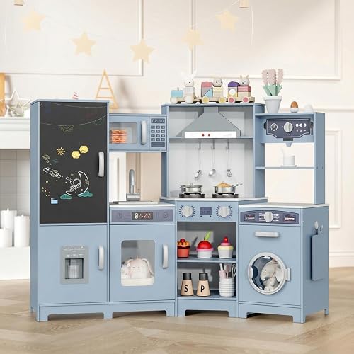 MAMIZO Wooden Corner Play Kitchen, Extra-Large Interactive Kids Kitchen Playset w/Lights & Sounds, Blackboard, Washing Machine, Ice Maker & 7 Accessories, Ultimate Pretend Toy Kitchens for Toddler