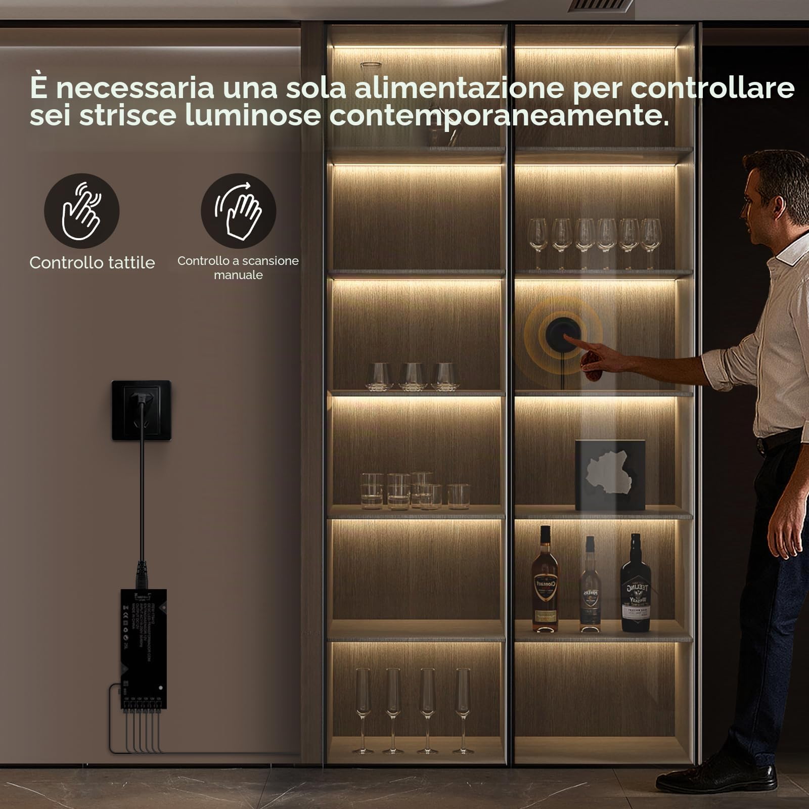 lampada da armadio nera striscia LED COB | 6 pezzi dimmeraggio touch adatto per vetrine scaffali vino e illuminazione pareti di sfondo (luce bianca naturale,3m)