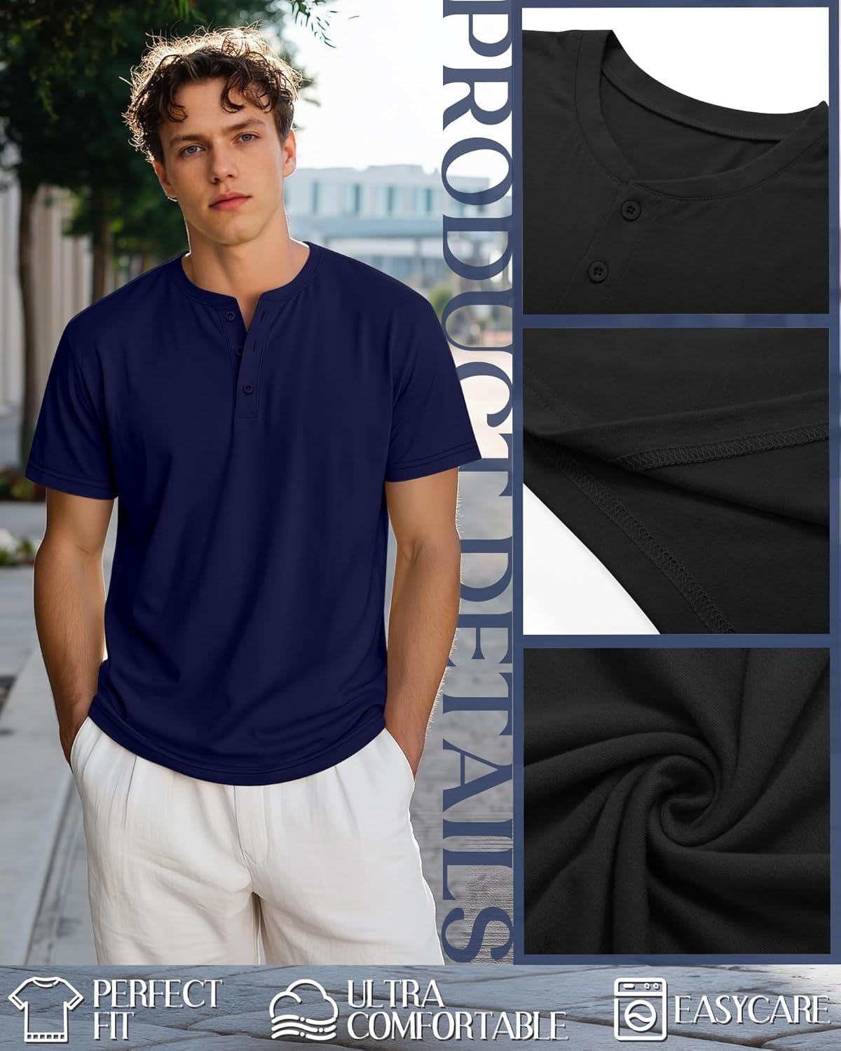 Ficerd 3 Pack Men's Big and Tall Henley T-Shirts Short Sleeve Plus Size Tee Loose Casual Shirts Basic Oversized Tops