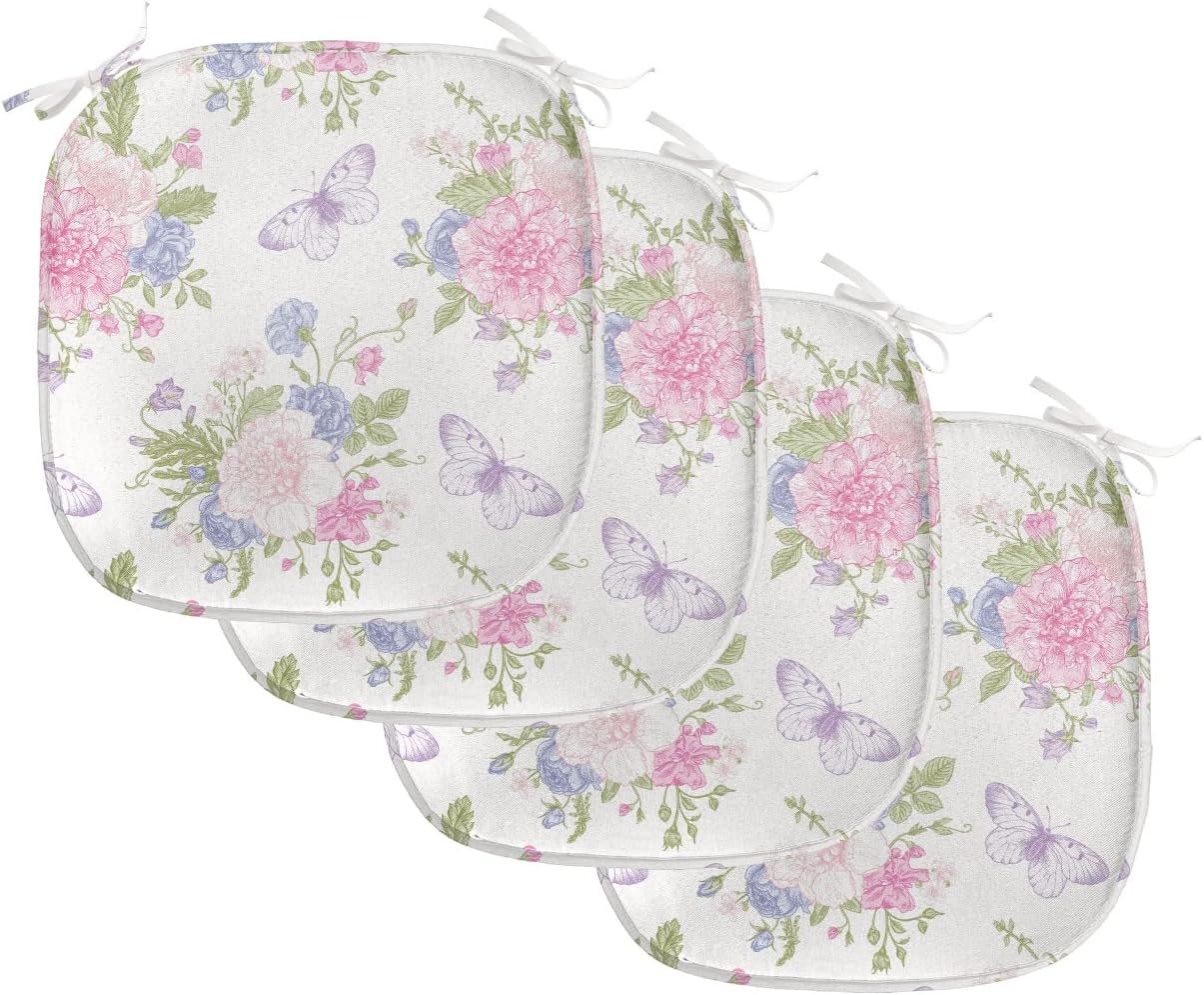 Lunarable Shabby Flora Chair Seating Cushion Set of 4, Flowers Floral Design with Buds and Butterflies Ivy Swirl Art, Anti-Slip Seat Padding for Kitchen & Patio, 16"x16", Pale Pink Purple Pack of 4 Pale Pink Purple