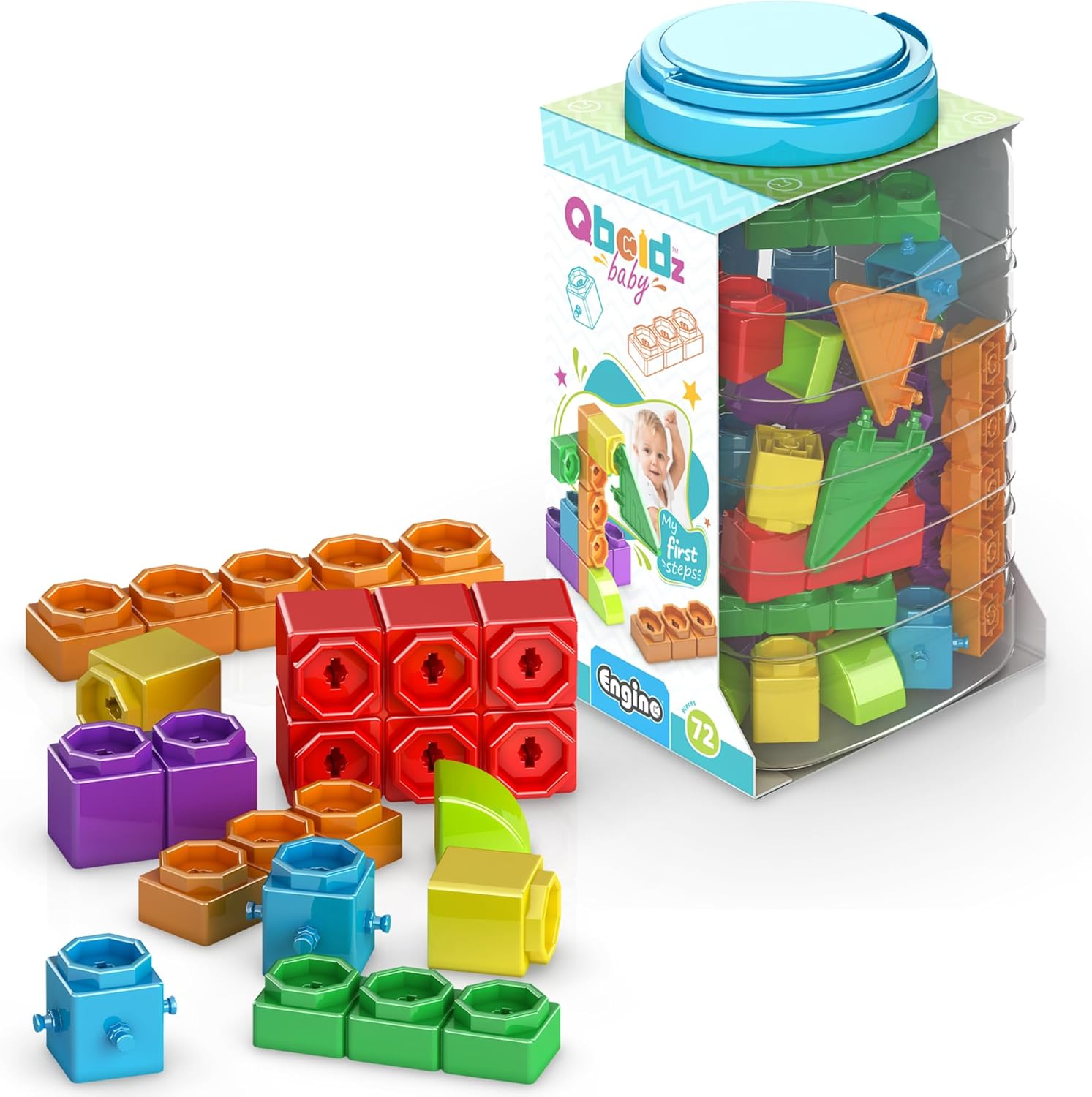Engino Baby Qboidz, My First Steps Toy, Montessori Baby Toys Ages 1.5+, Building Blocks for Toddlers, Learning & Education Toys, Kindergarten Readiness, Large Tub