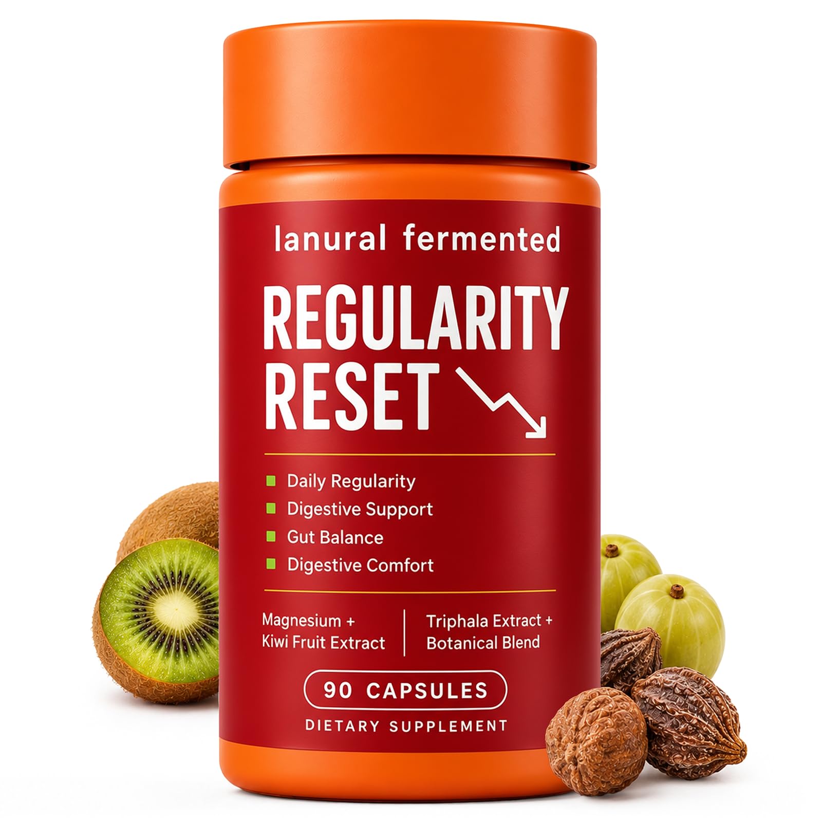 Lanural Fermented Regularity Reset, Daily Digestive Support Supplement with Magnesium, Kiwi Fruit Extract & Triphala, Gut Balance & Digestive Comfort, 90 Capsules