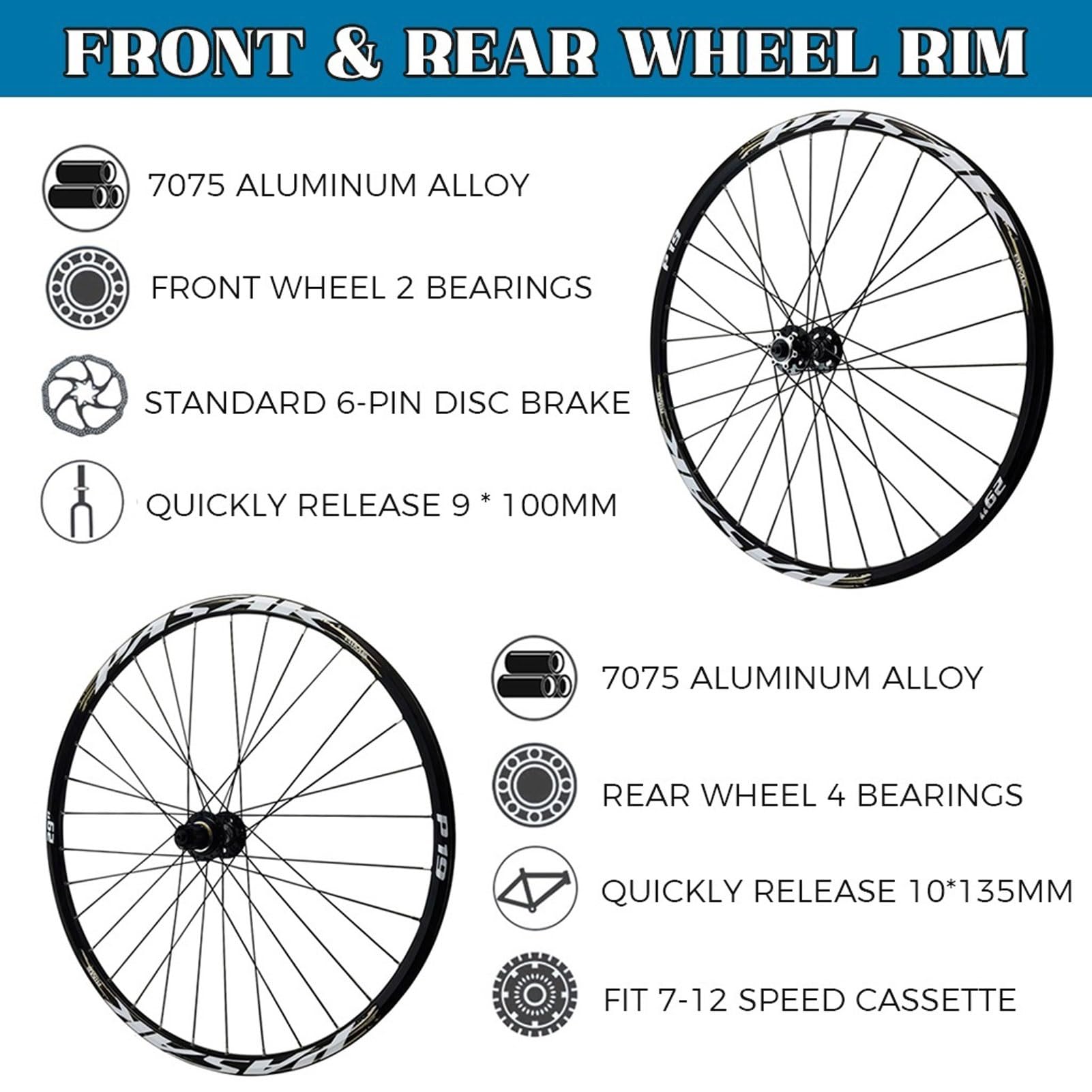 Set di ruote posteriori per mountain bike da 26 pollici 27,5" 29 er, cerchi in lega di alluminio QR 9 mm ruote freno a disco 32H bicicletta per 7-12 velocità