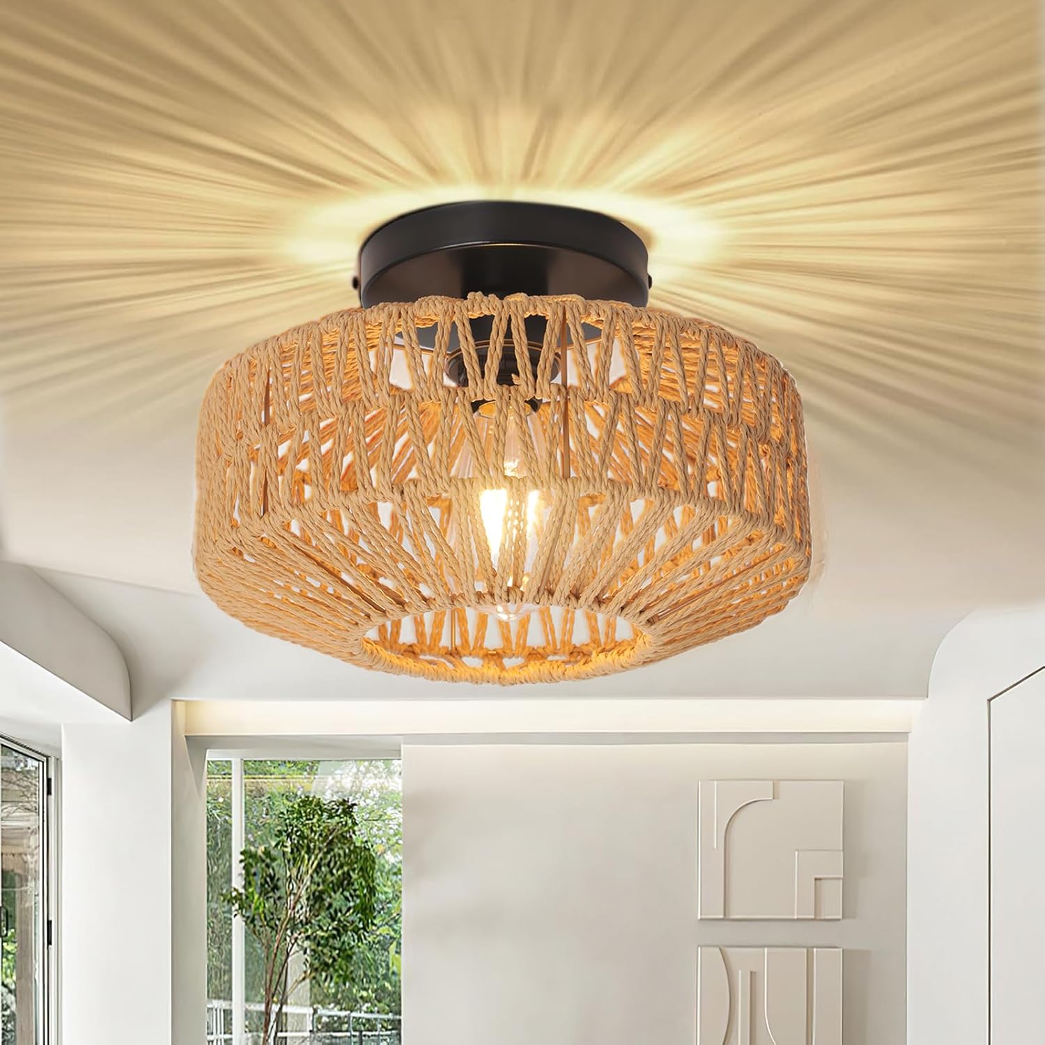 Handwoven Jute Rope Semi-Flush Mount Ceiling Light, 11-inch Boho Farmhouse Pendant with Natural Fiber Shade, E26 Base for LED/Incandescent Bulbs - Hanging Fixture for Bedroom Kitchen Hallway Entryway