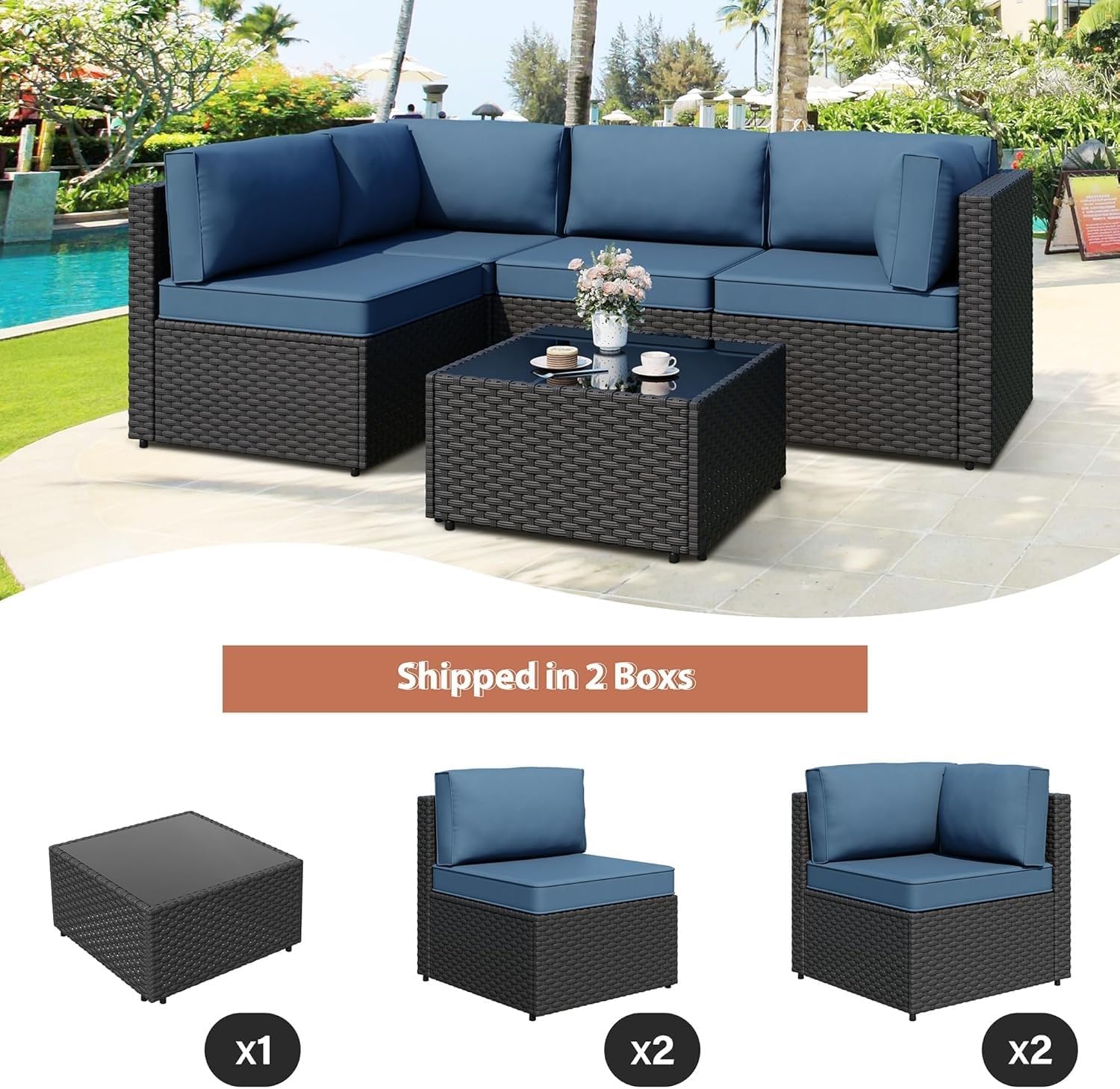 5-Piece Wicker Outdoor Conversation Set Sectional Sofa Aegean Blue Outdoor Patio Furniture Patio Furniture Sets with Thick Cushions for Backyard Poolside Garden