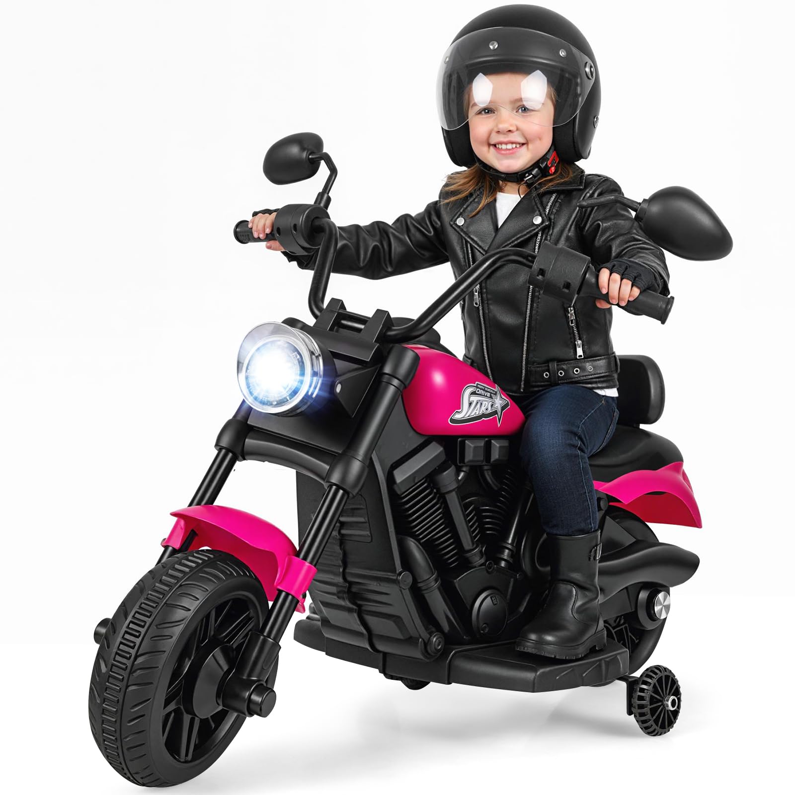 COSTWAY Moto Elettrica per Bambini, 6V Moto Cavalcabile con 2 Ruote di Supporto, Pedale, Fari e Musica, 2,4 km/h, per Bambini 3 Anni+, 79x58x56 cm (Rosa)