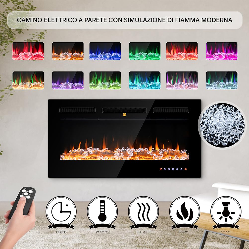BAKAJI Camino Elettrico a Incasso Livigno con Cornice Nera 2000W, Caminetto Muro con Telecomando, Stufa a Parete Effetto Fuoco Realistico, Termostato Digitale, Protezione Surriscaldamento (36 Pollici)