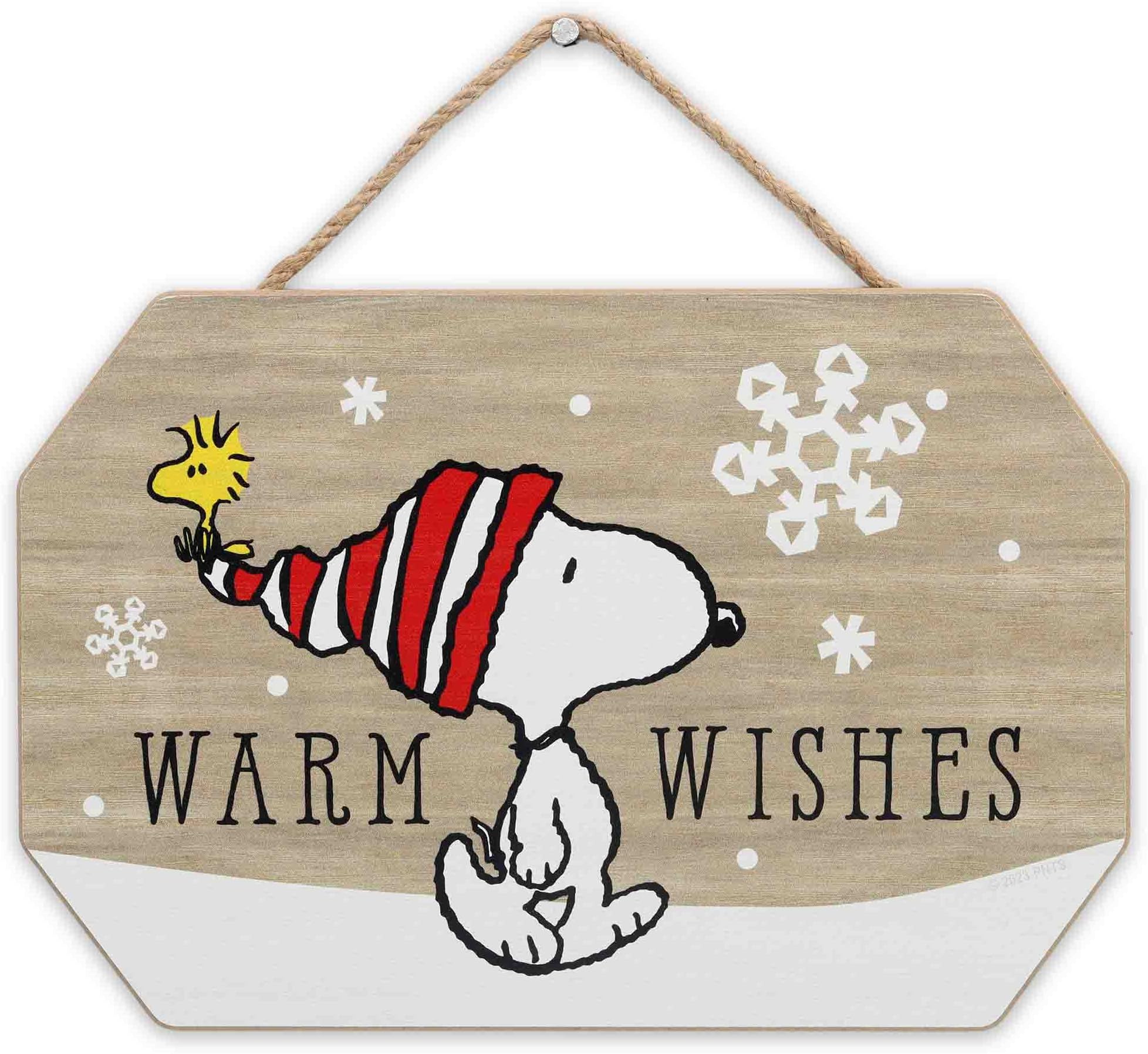 Peanuts Snoopy and Woodstock Warm Wishes Winter Hanging Wood Wall Decor - Fun Snoopy Christmas Sign for Home Decorating