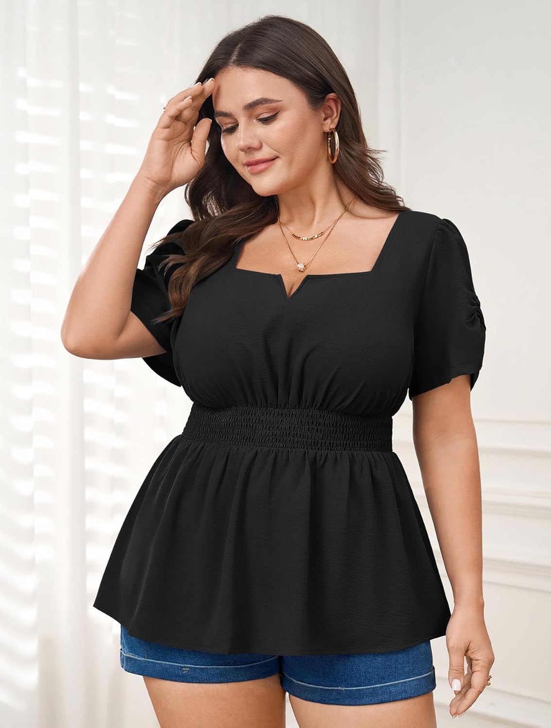 SCOMCHIC Womens Plus Size Tops Square Neck Peplum Blouse Top Short Sleeve Smocked Waist Ruffle Hem Babydoll Tops - Image 2