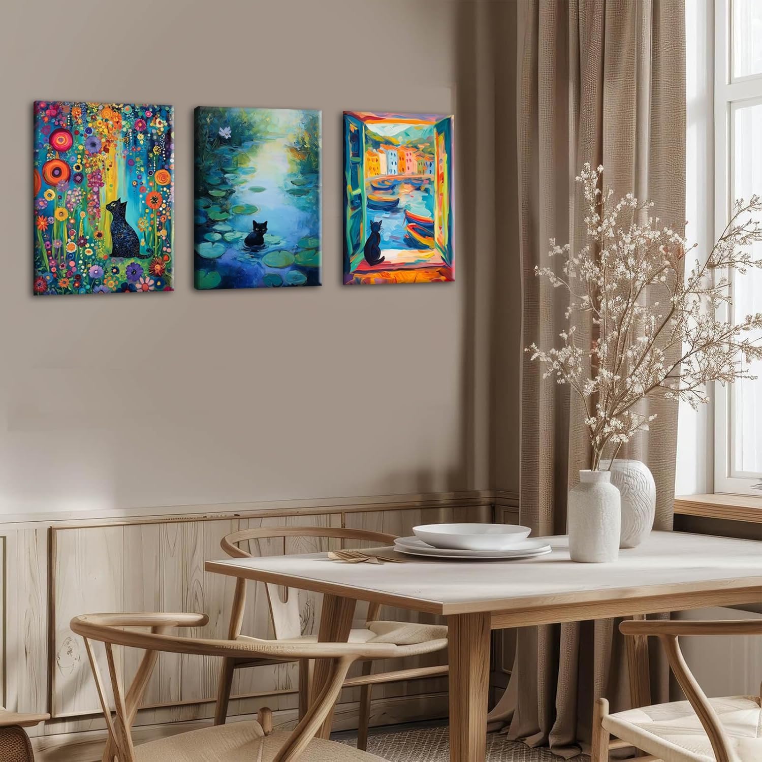 MUWAK Framed Funny Monet Black Cat Canvas Wall Art – Whimsical Matisse Cat Artwork Prints Wall Decor, Cute Animal Aesthetic Garden Pictures for Living Room Bedroom Kids' Room – 12x16in