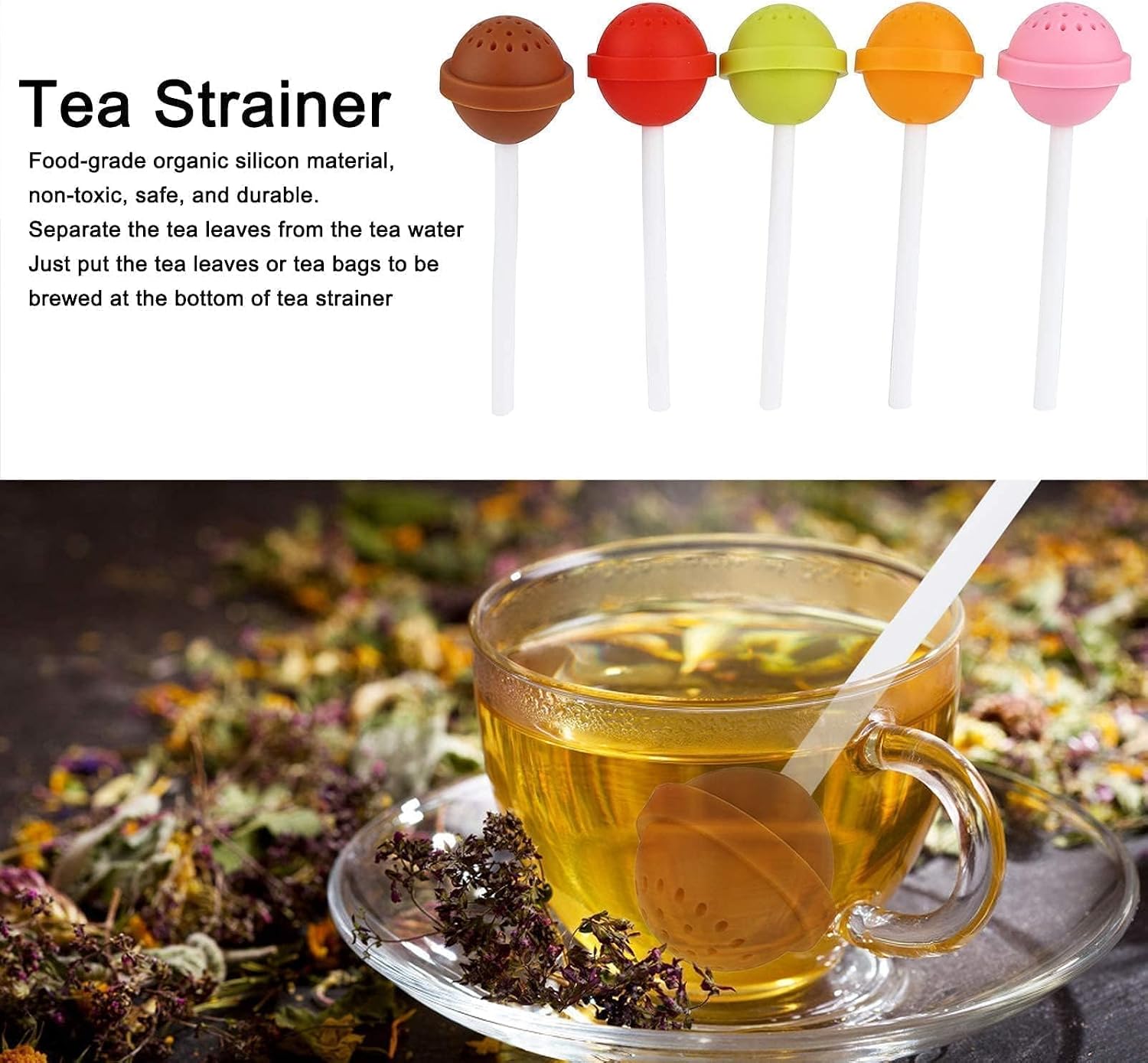 5Pcs Loose Leaf Tea Infusers, Silicone Tea Strainer Lollipop Shape Tea Infuser for Home Office Loose Leaf Tea Steeper Fine Mesh Tea Ball holder with Handle Reusable Tea Filter Diffusers
