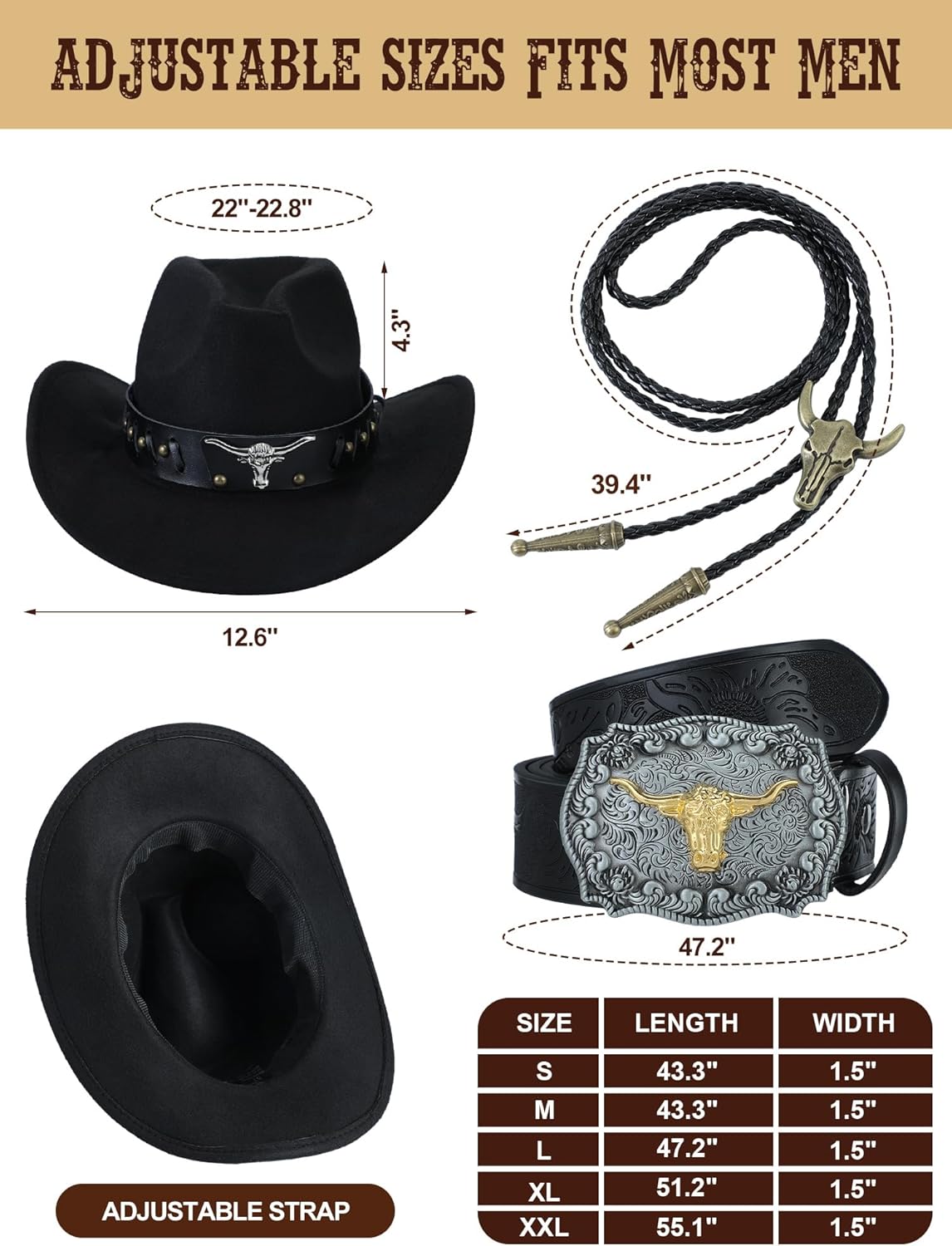 4 Pcs Western Cowboy Outfits for Men Suede Leather Vest Hat Bolo Tie Belt for Western Halloween Cosplay - Image 3