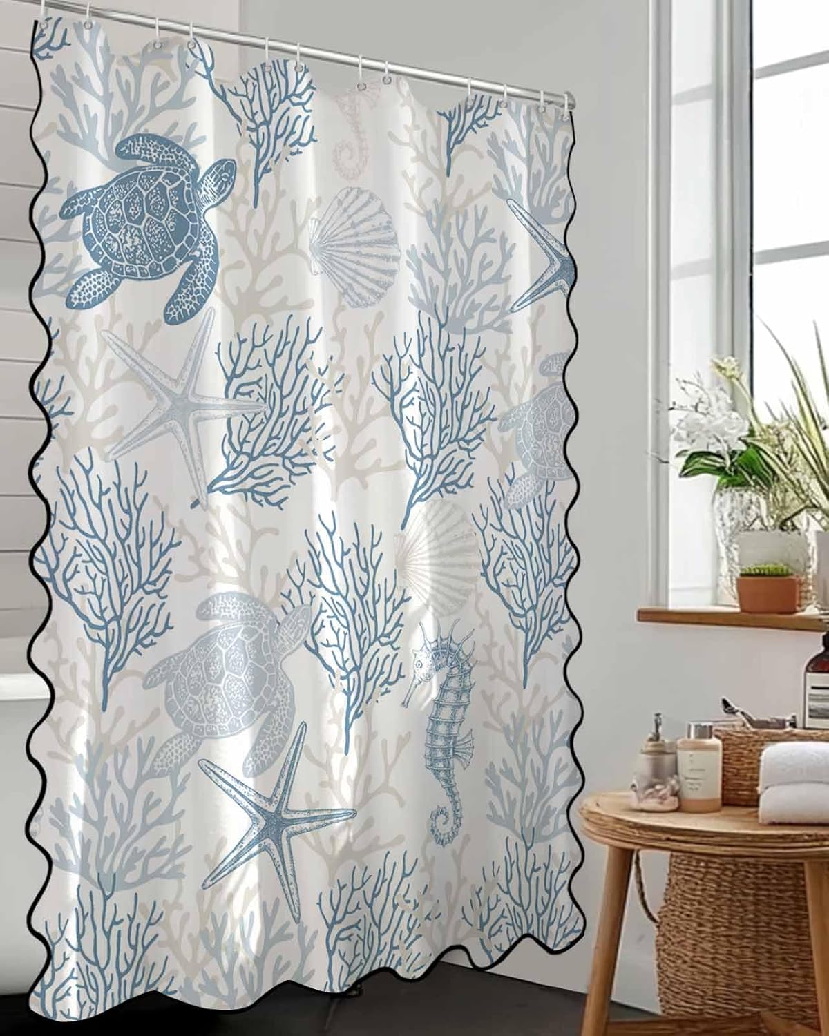 Ocean Light Blue Scalloped Shower Curtain Boho Cute Aesthetic Shower Curtain with Black Border Edge Waterproof Fabric Summer Coral Sea Turtle Seahorse Starfish Bathroom Curtain Decor 48 W x 72 L