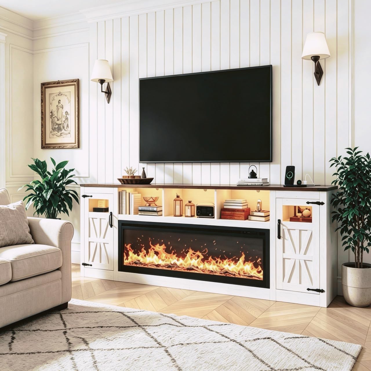 Fireplace TV Stand for 100 Inch TV, 95" Farmhouse Entertainment Center with 60" Electric Fireplace & LED Lights, Large Media Console for Living Room, Rustic Barn Doors, Power Outlets, Antique White