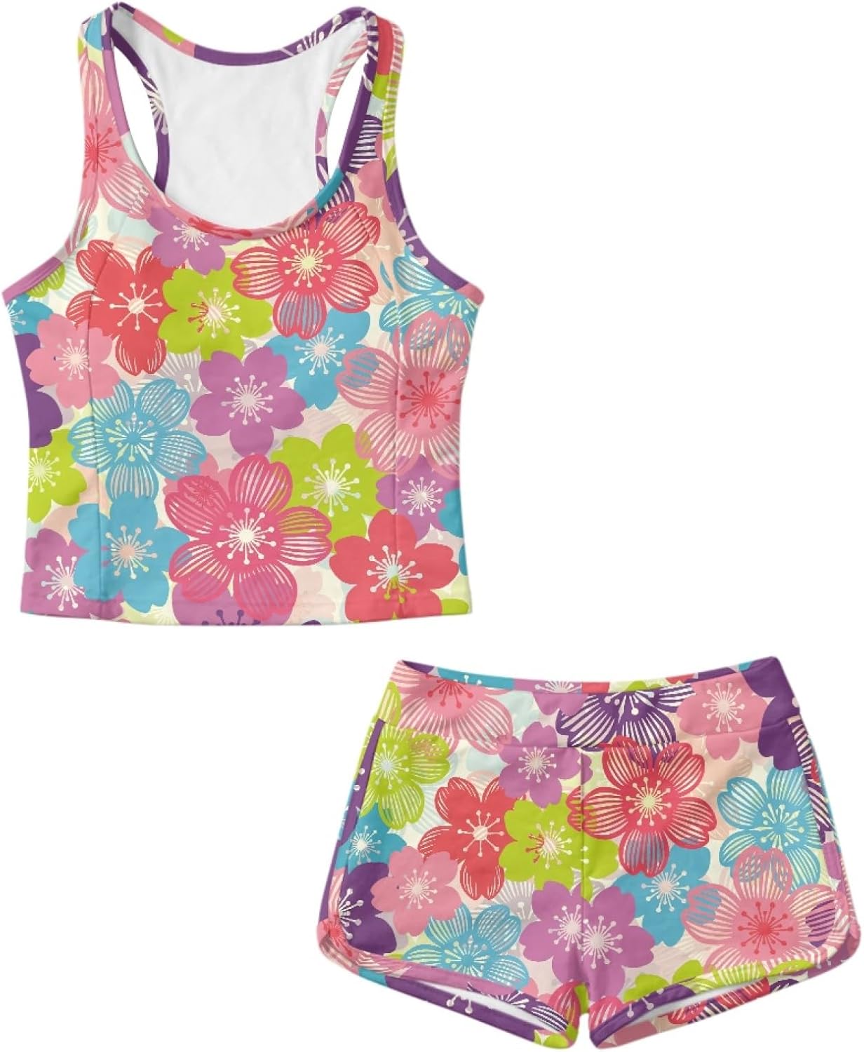 Girl Tankini Swimsuit, Two Pieces Modest Bathing Suit Tummy Control Swimwear with Shorts for 6-15Y